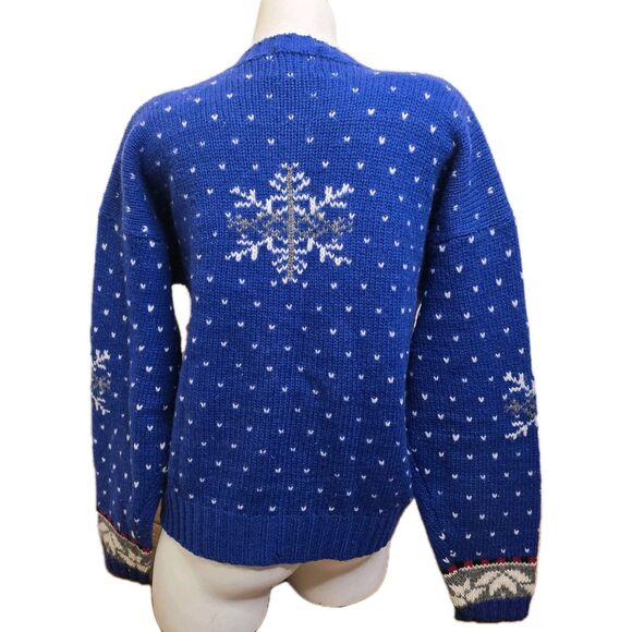 VTG Woolrich Women’s M Handframed Royal Blue Snowman Winter Wool Knit Cardigan - Picture 2 of 16